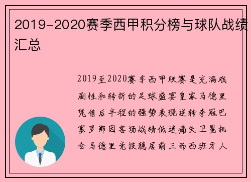2019-2020赛季西甲积分榜与球队战绩汇总