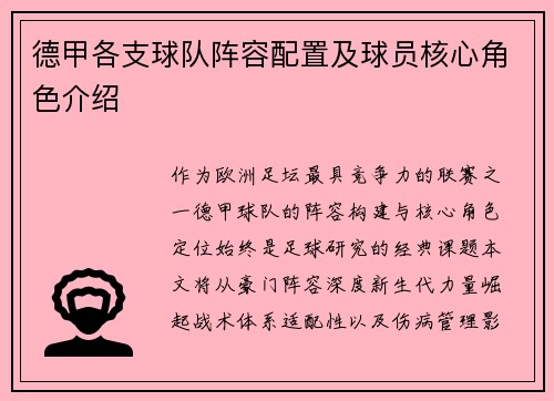 德甲各支球队阵容配置及球员核心角色介绍
