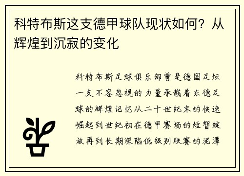 科特布斯这支德甲球队现状如何？从辉煌到沉寂的变化